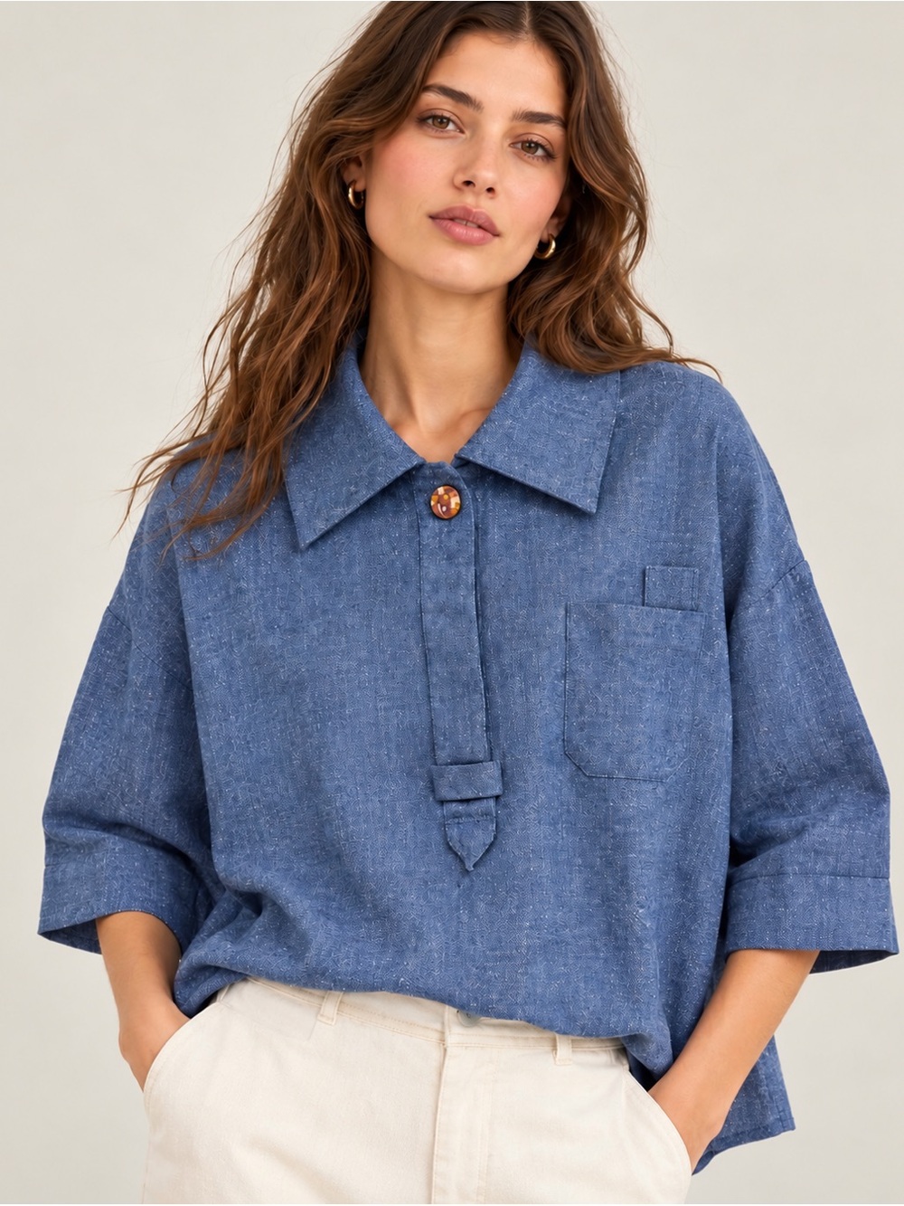 Sessùn Victor Blue Cotton Linen Blend Oversized Collar Blouse, Large